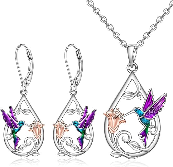 Splendida collana con colibrì per donna, con orecchini abbinati