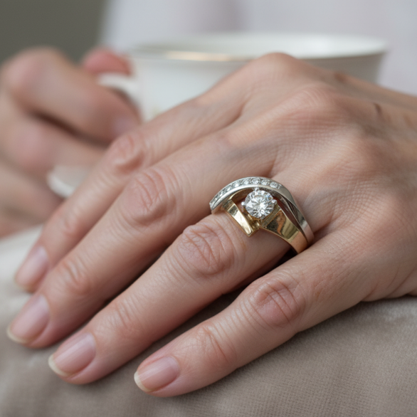 Anelli vintage in oro e argento con forme irregolari e zirconia cubica