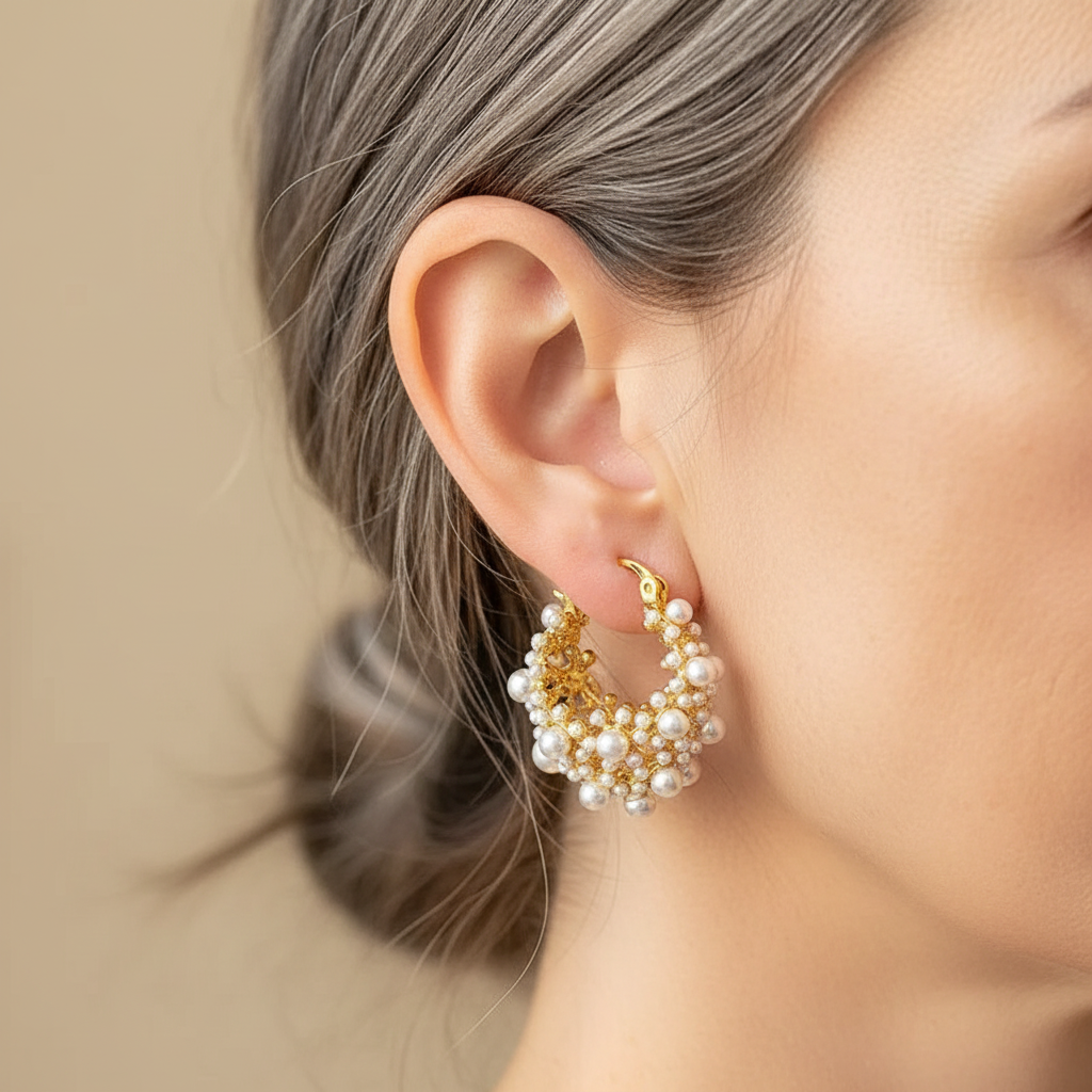 Orecchini cerchio vintage in oro con perle