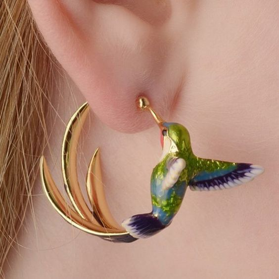 Orecchini vintage in argento con smalto colibrì