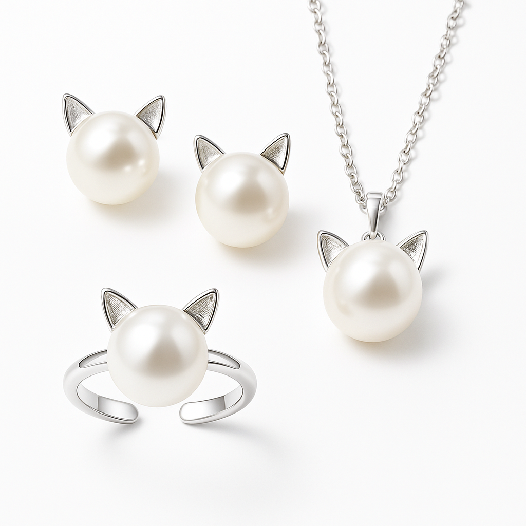 Splendido set di collana con perla occhio di gatto, con orecchini e anello abbinati