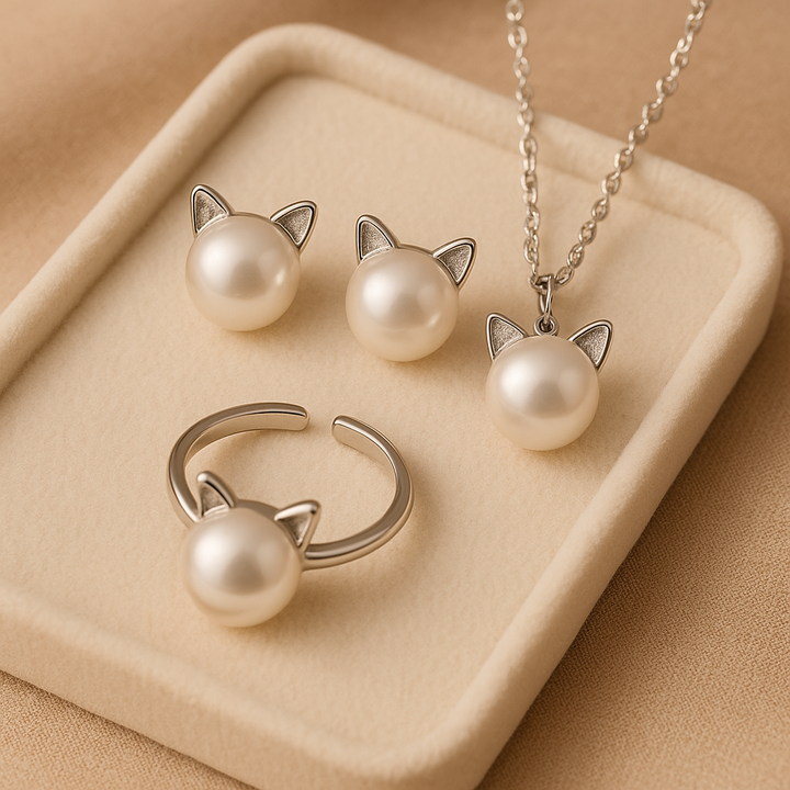 Splendido set di collana con perla occhio di gatto, con orecchini e anello abbinati