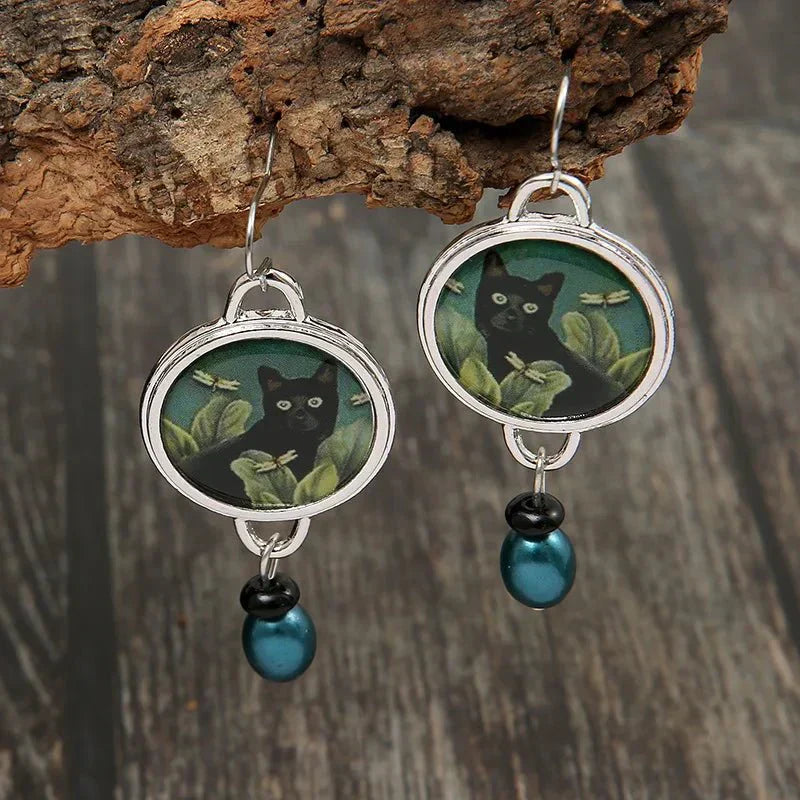 Orecchini pendenti vintage a forma di gatto nero in stile tropicale