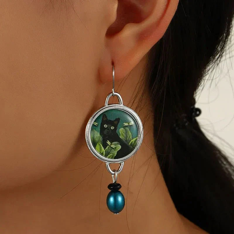 Orecchini pendenti vintage a forma di gatto nero in stile tropicale